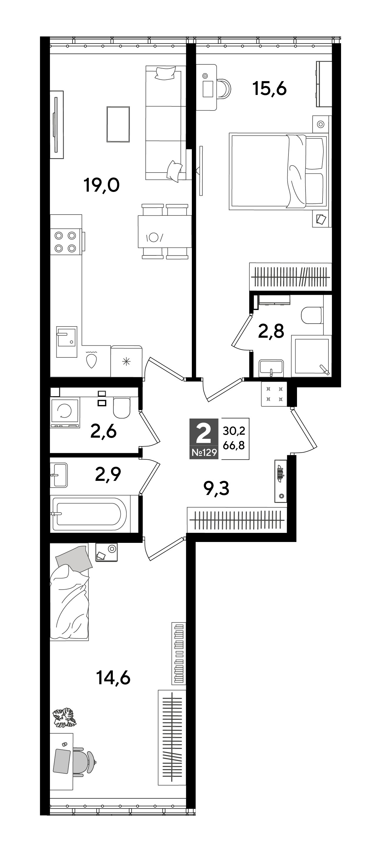 Планировка: 2-комн. квартира 66,8 м²
