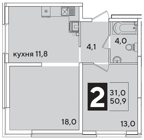 Планировка: 2-комн. квартира 50,9 м²