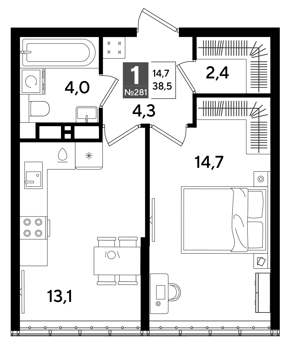 Планировка: 1-комн. квартира 38,5 м²