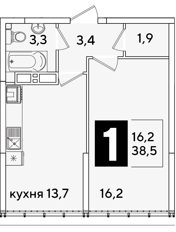 Планировка: 1-комн. квартира 38,5 м²