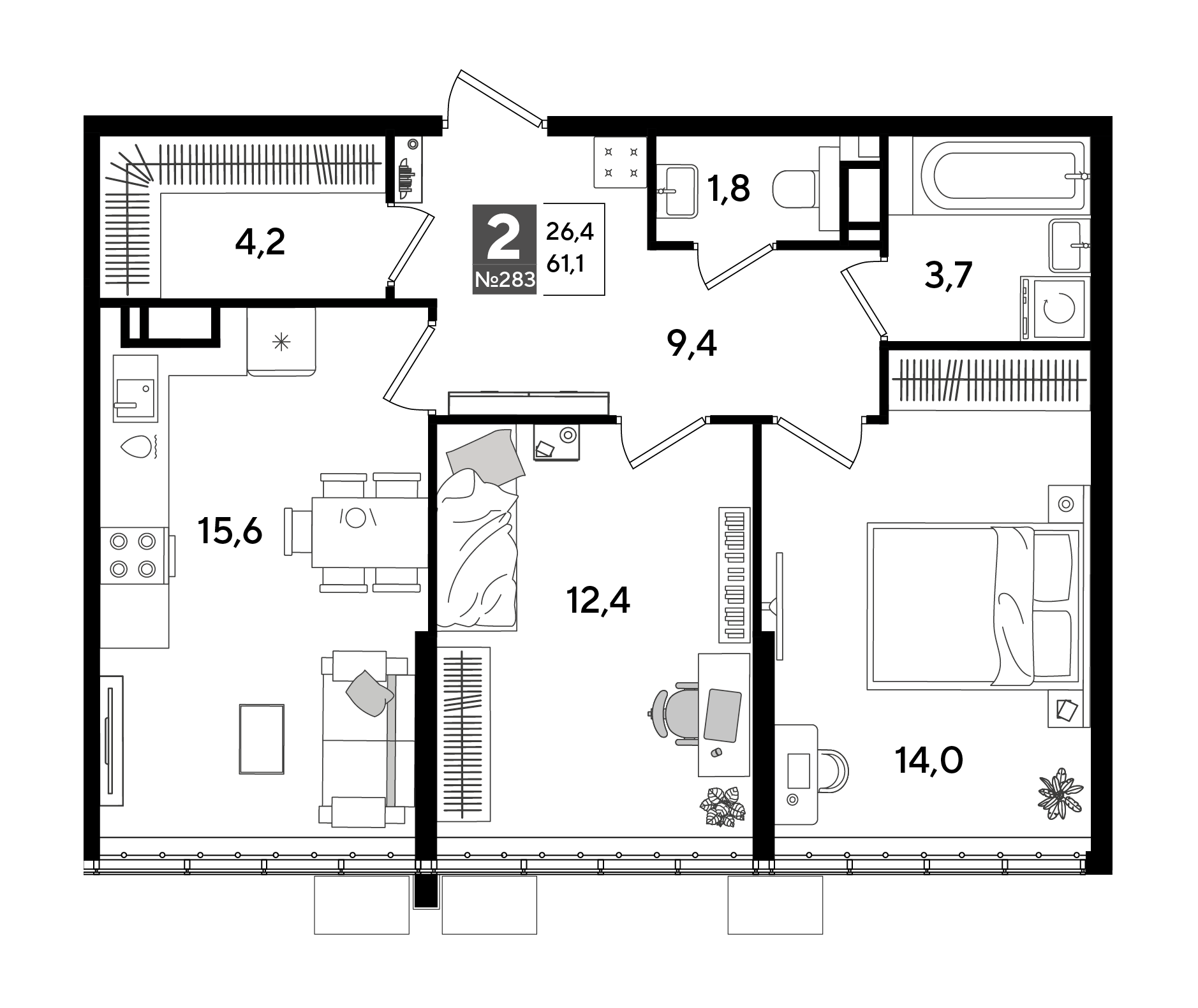 Планировка: 2-комн. квартира 61,1 м²