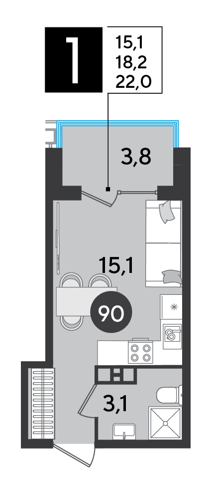 Планировка: Студия 22 м²