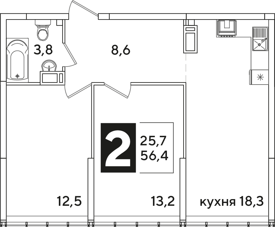 Планировка: 2-комн. квартира 56,4 м²