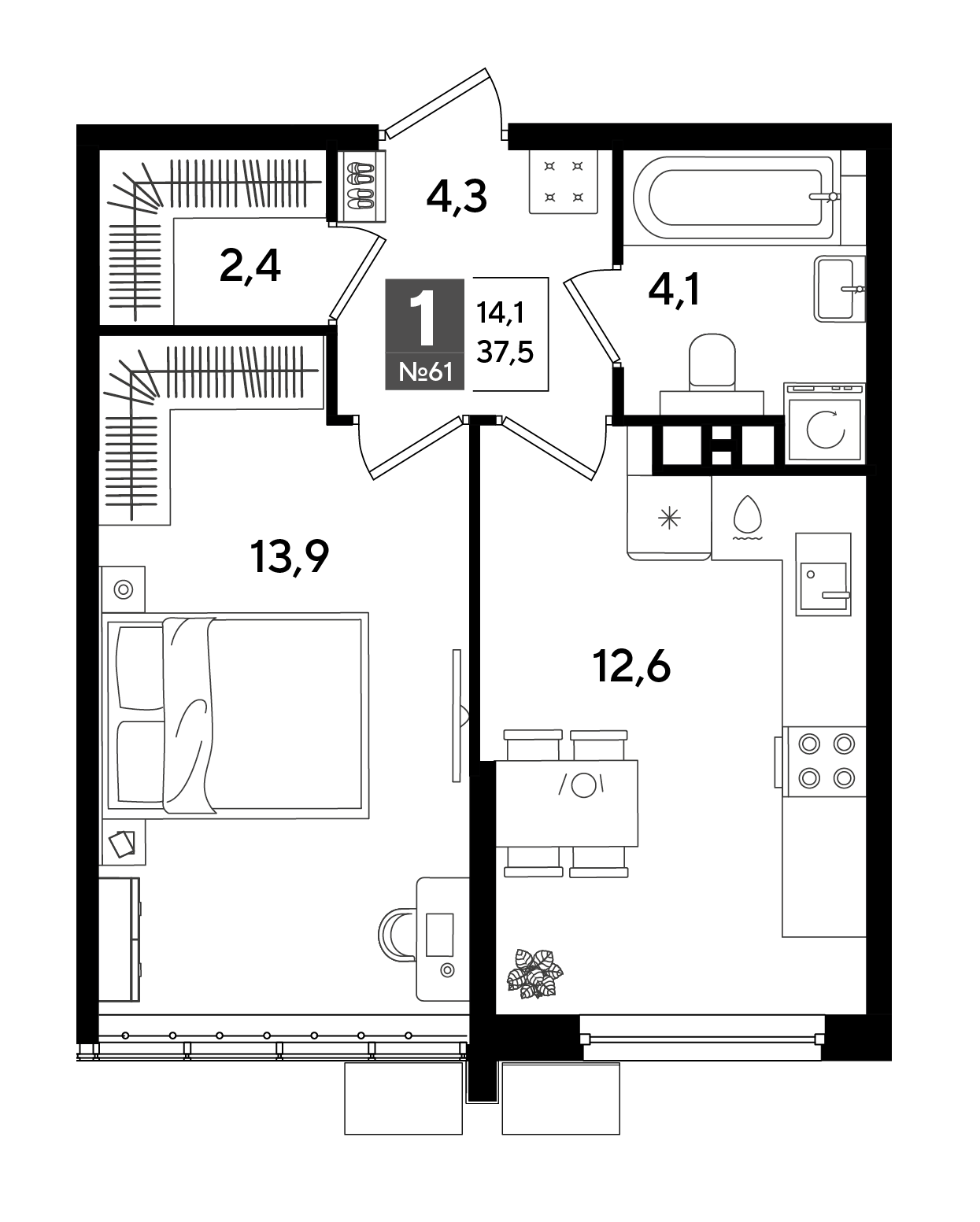 Планировка: 1-комн. квартира 37,5 м²