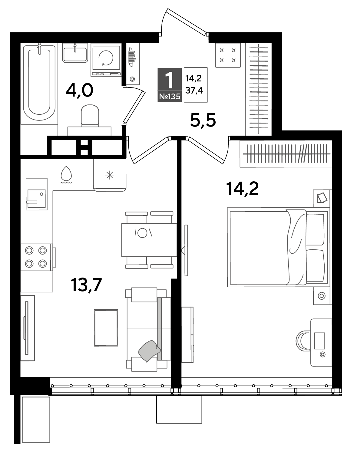 Планировка: 1-комн. квартира 37,4 м²