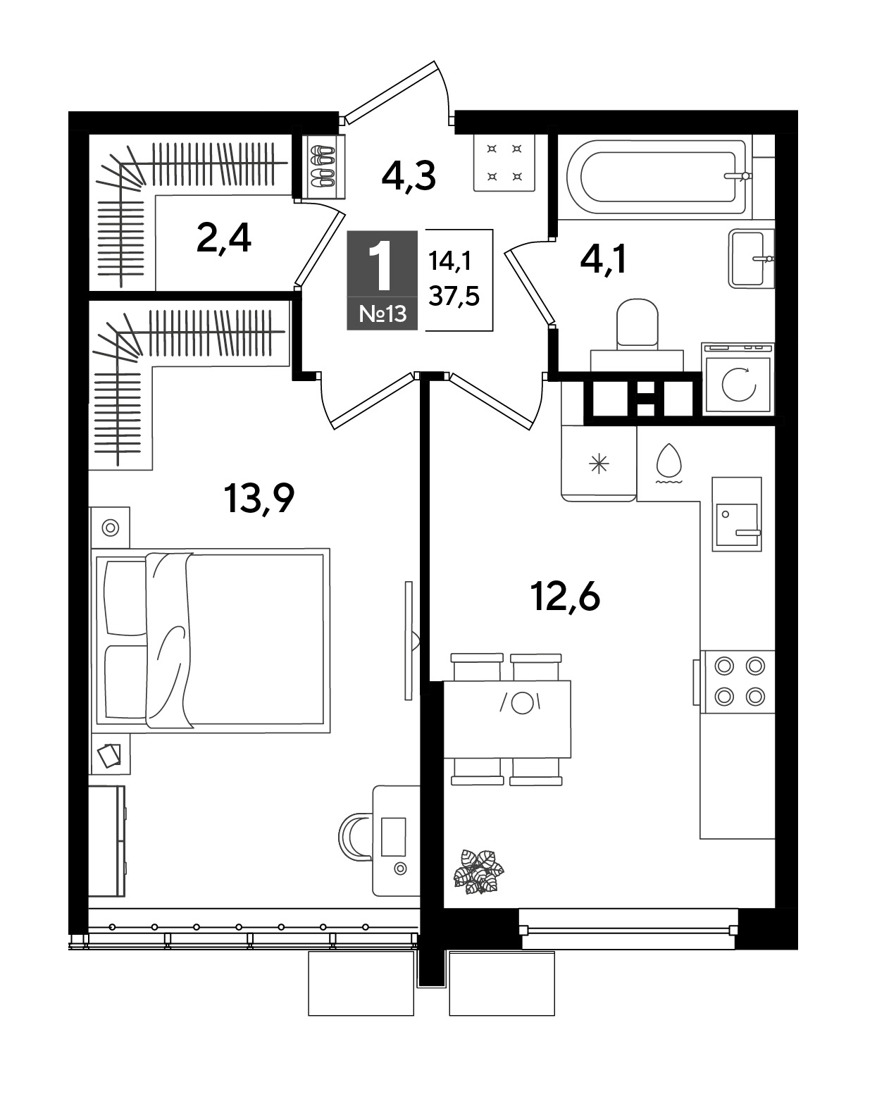 Планировка: 1-комн. квартира 37,5 м²