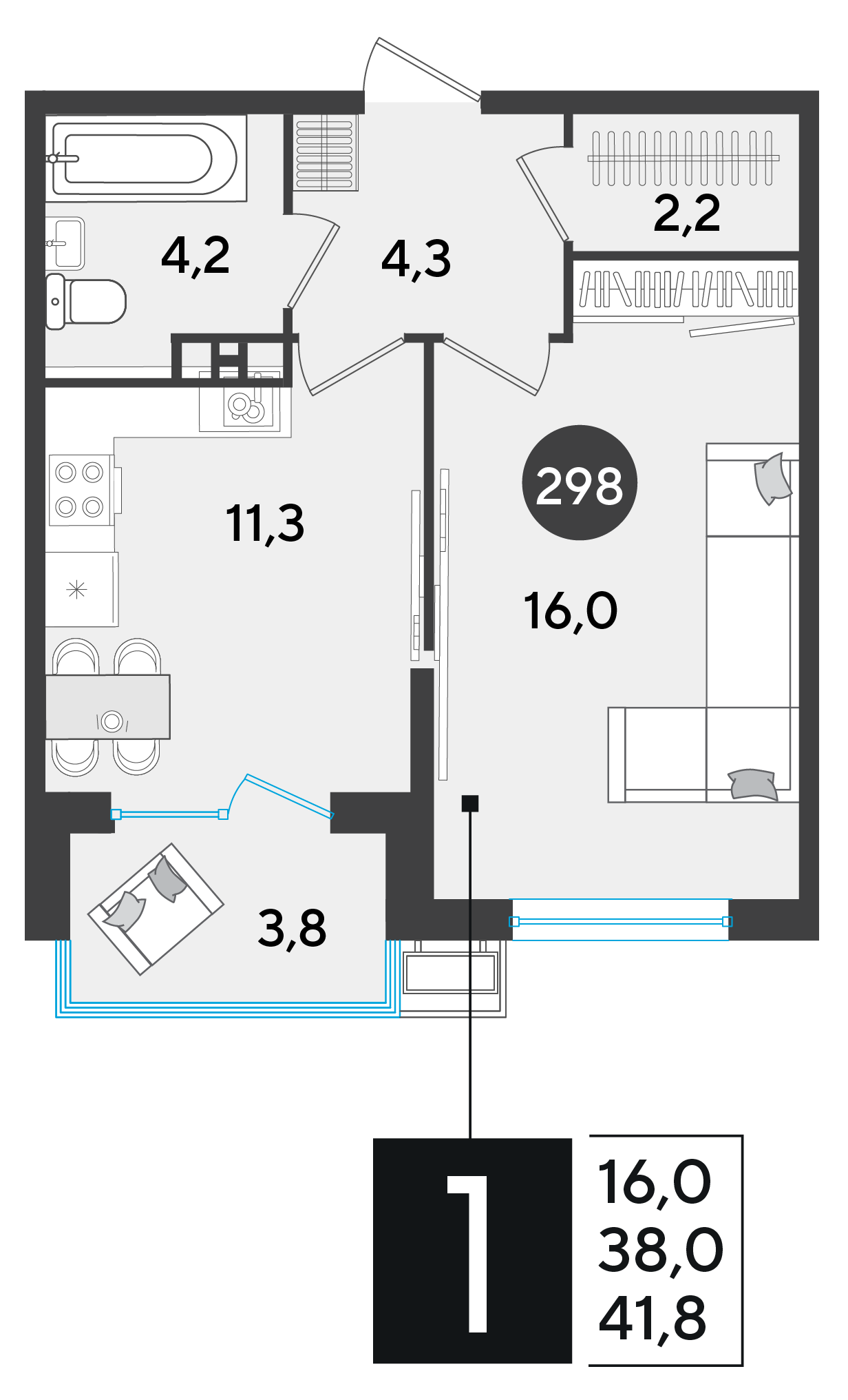 Планировка: 1-комн. квартира 41,8 м²