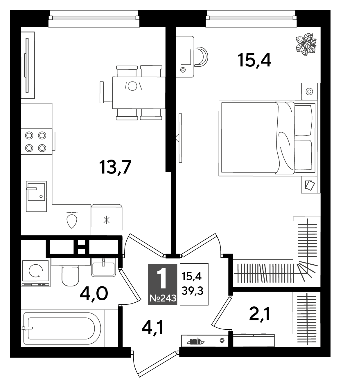 Планировка: 1-комн. квартира 39,3 м²