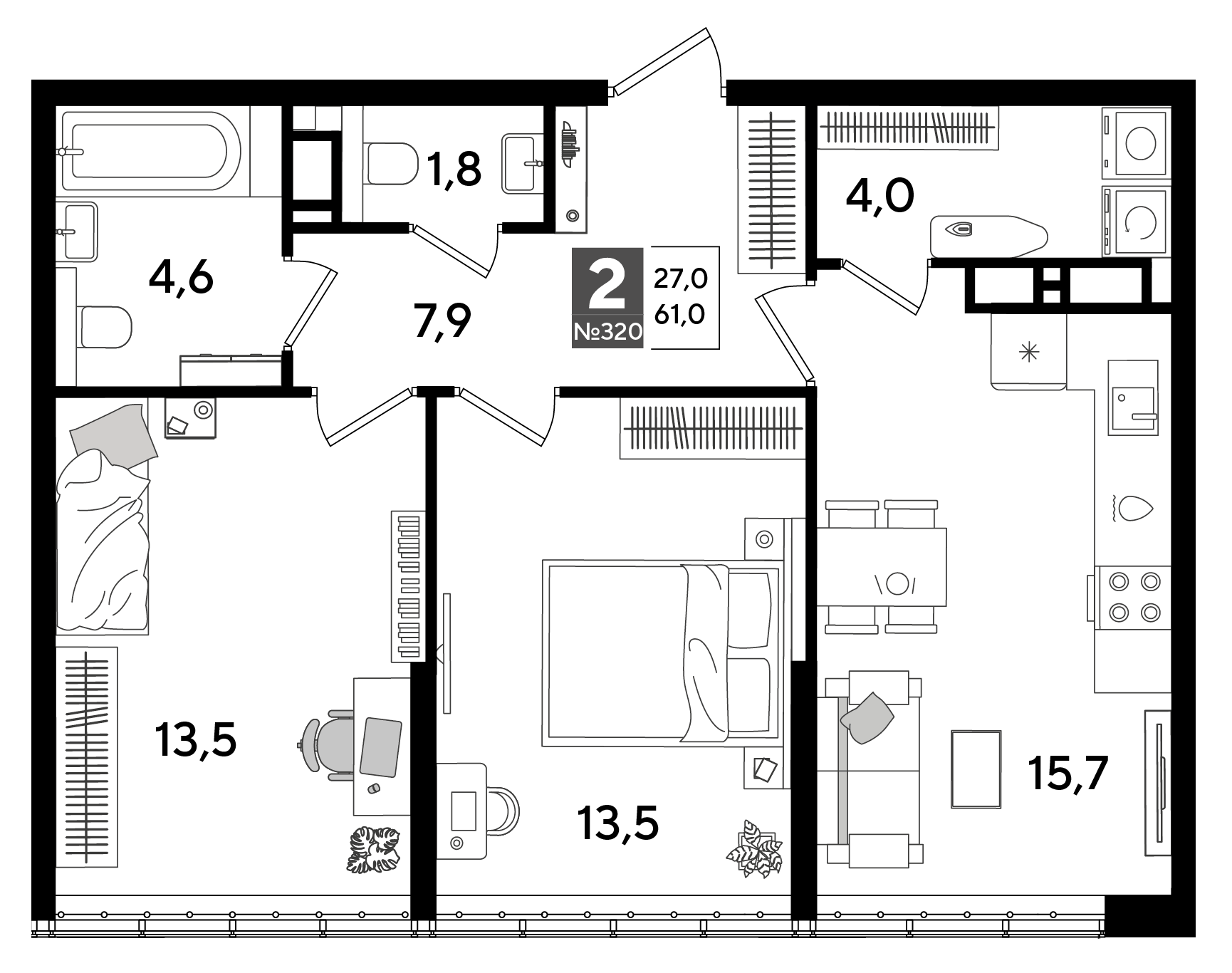 Планировка: 2-комн. квартира 61 м²