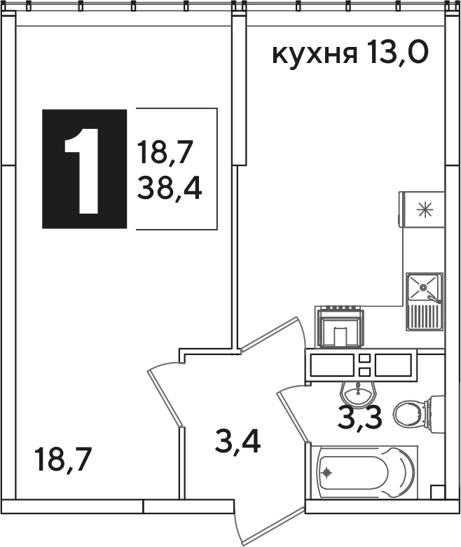 Планировка: 1-комн. квартира 38,4 м²