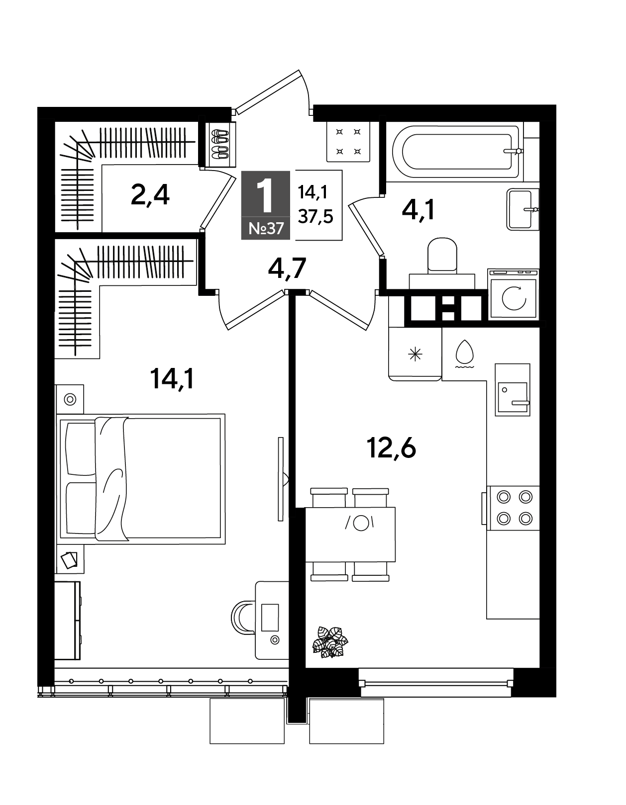 Планировка: 1-комн. квартира 37,5 м²