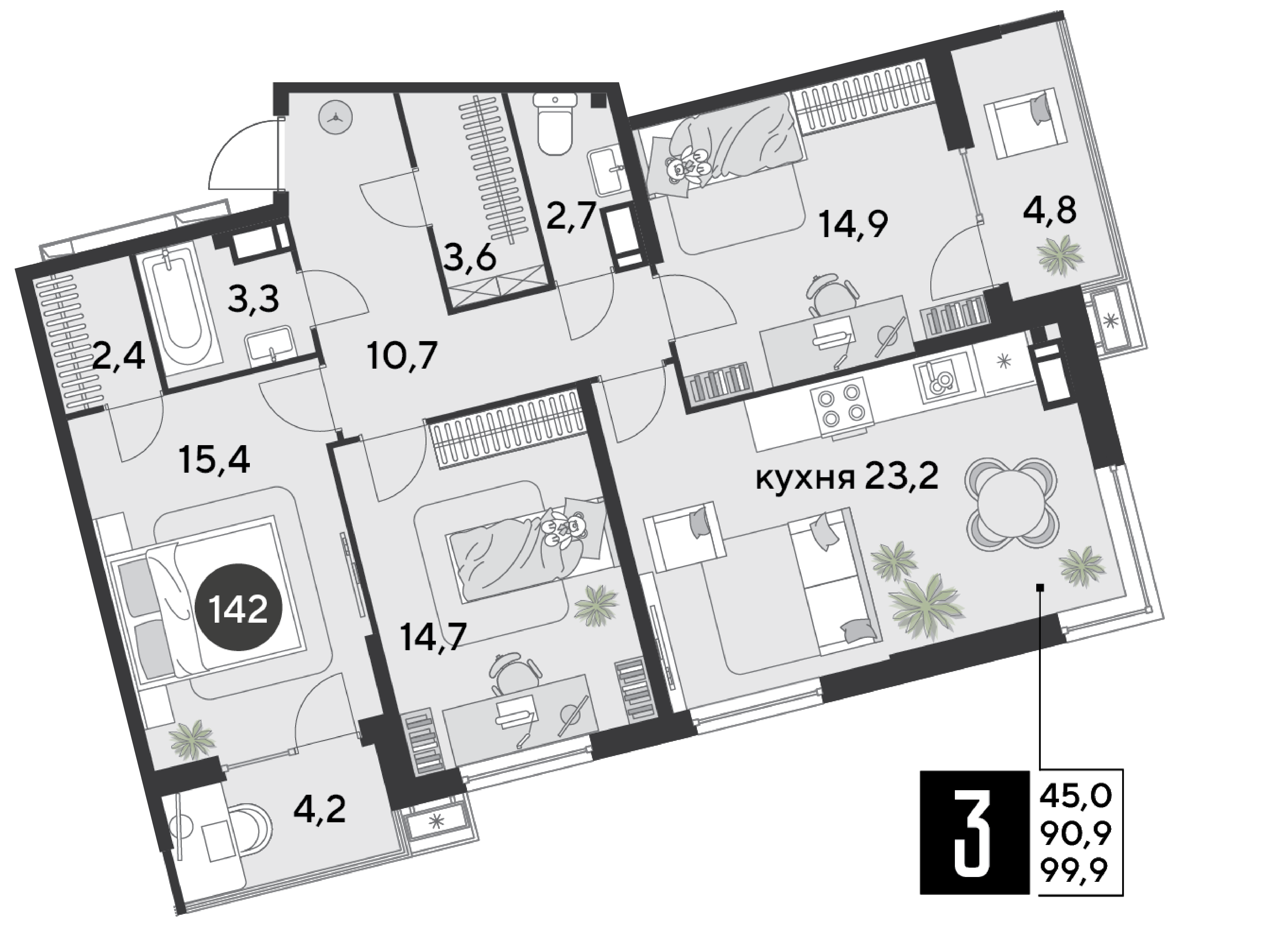 Планировка: 3-комн. квартира 99,9 м²