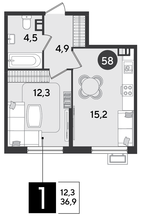Планировка 1-комнатная 36,9 м²