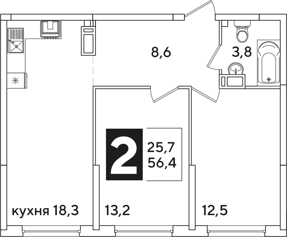 Планировка: 2-комн. квартира 56,4 м²