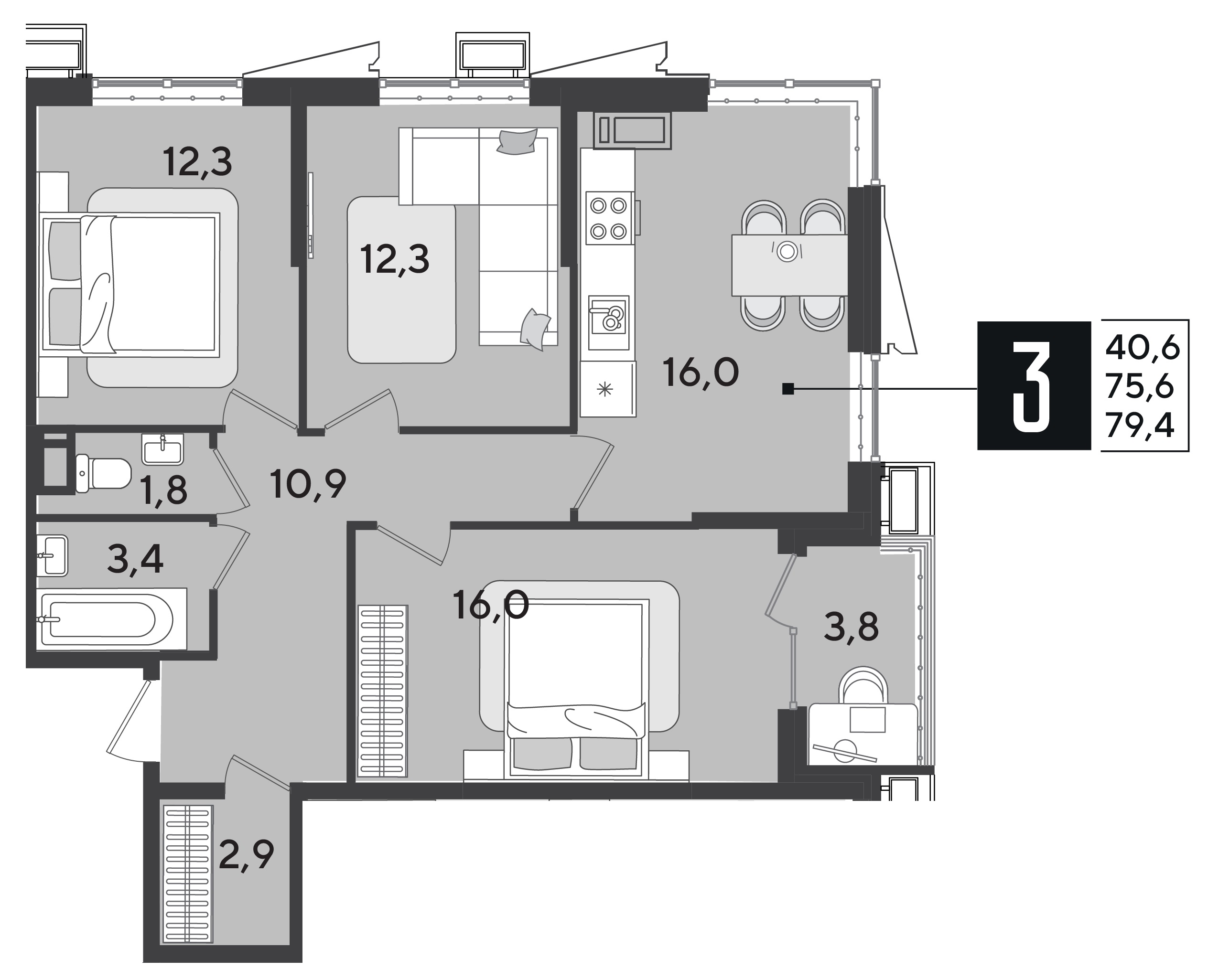 Планировка: 3-комн. квартира 80,7 м²