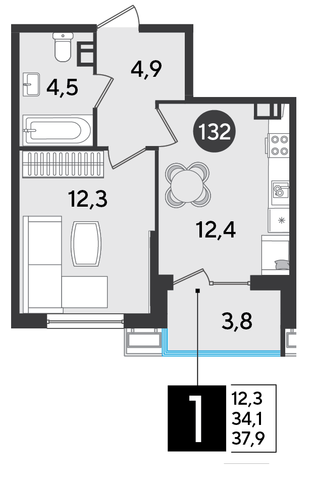 Планировка: 1-комн. квартира 37,9 м²