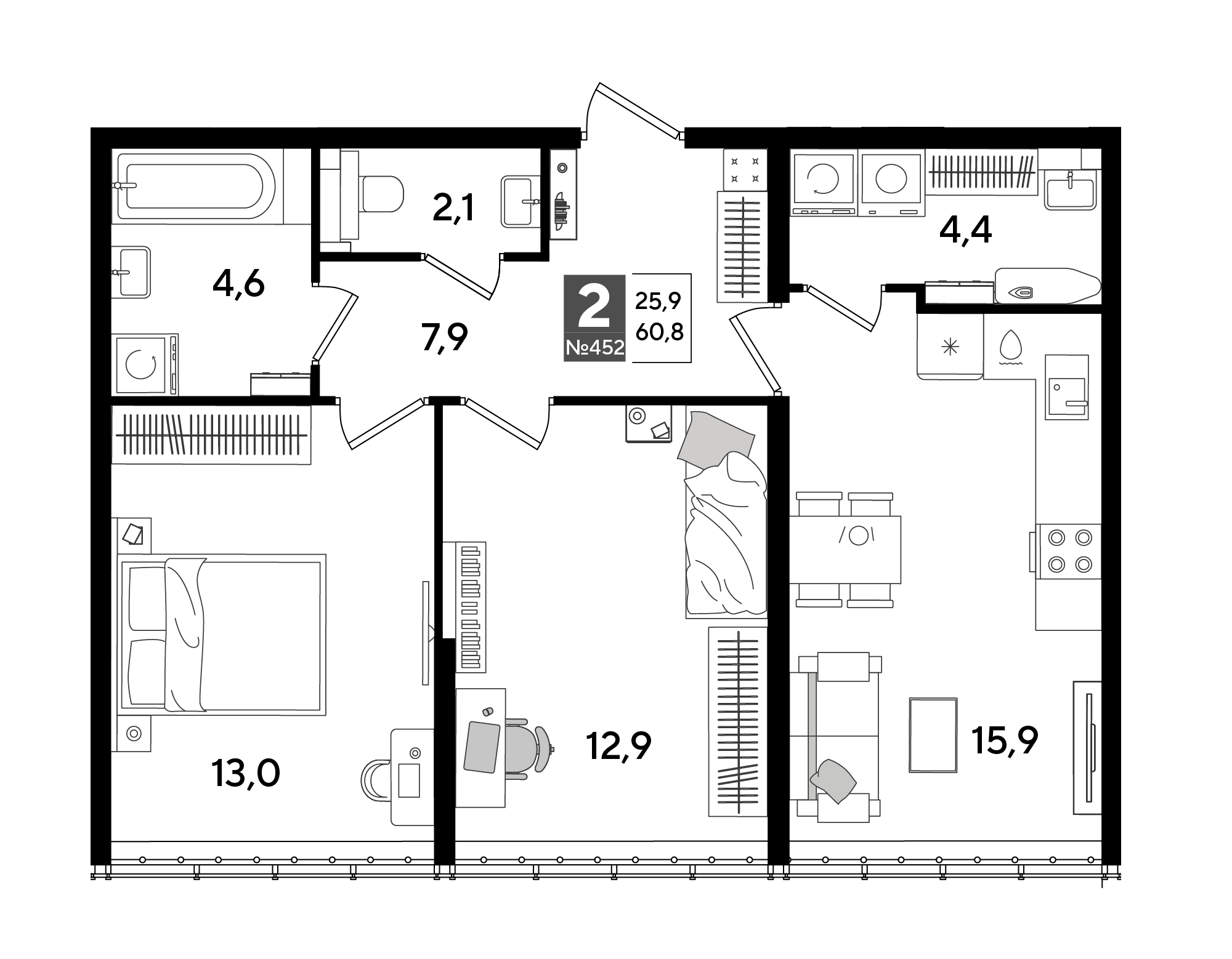 Планировка: 2-комн. квартира 60,8 м²