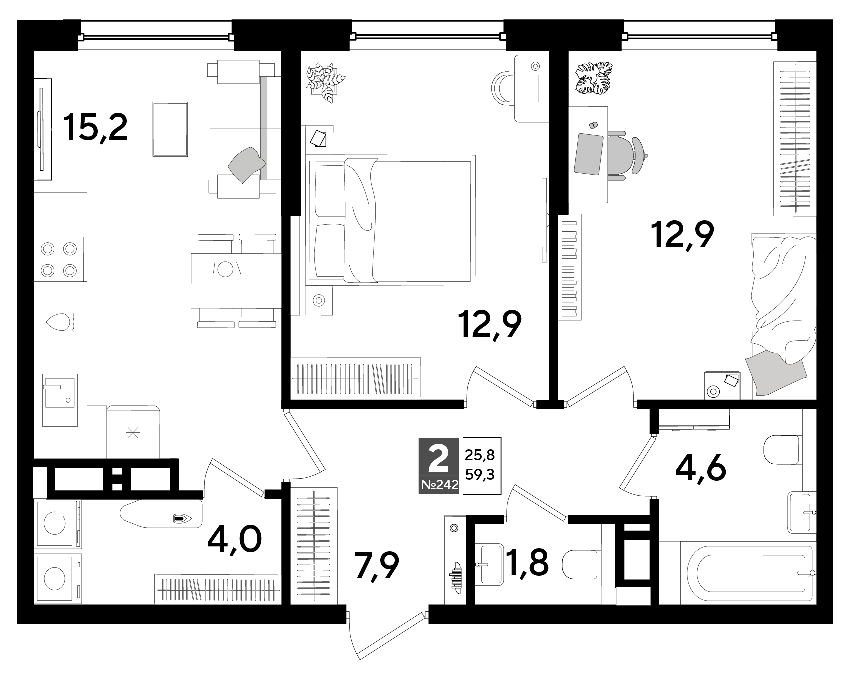 Планировка: 2-комн. квартира 59,3 м²