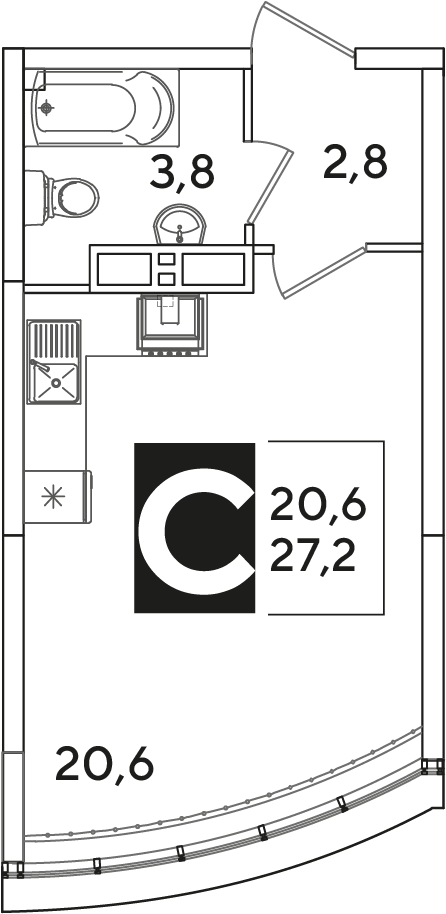 Планировка: Студия 27,2 м²
