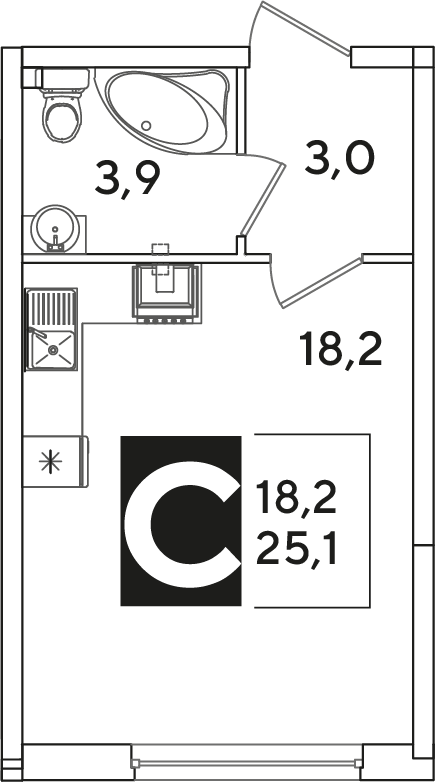 Планировка: Студия 25,1 м²