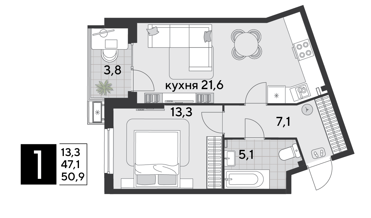 Планировка: 1-комн. квартира 51,1 м²