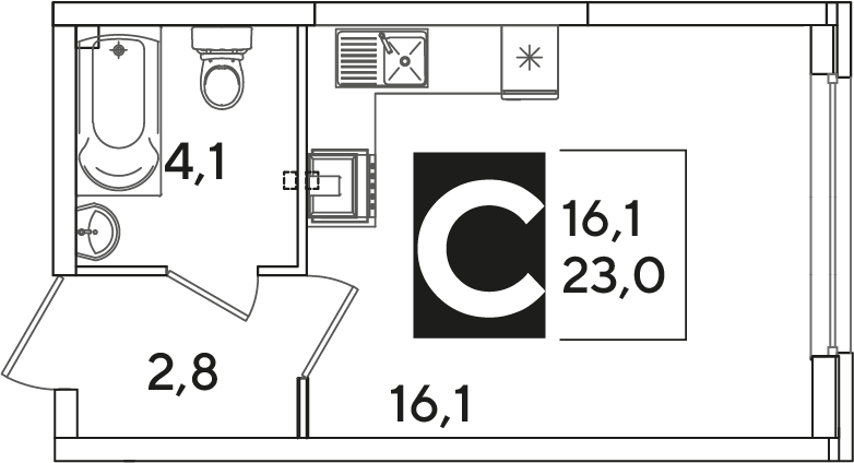 Планировка: Студия 23 м²