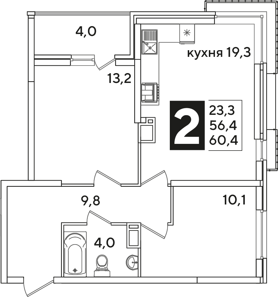 Планировка: 2-комн. квартира 60,4 м²