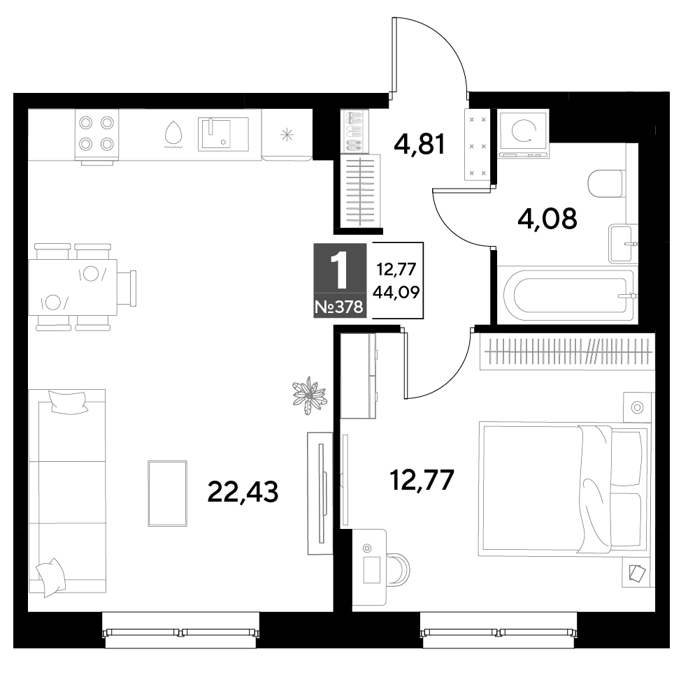 Планировка 1-комнатная 44,09 м²