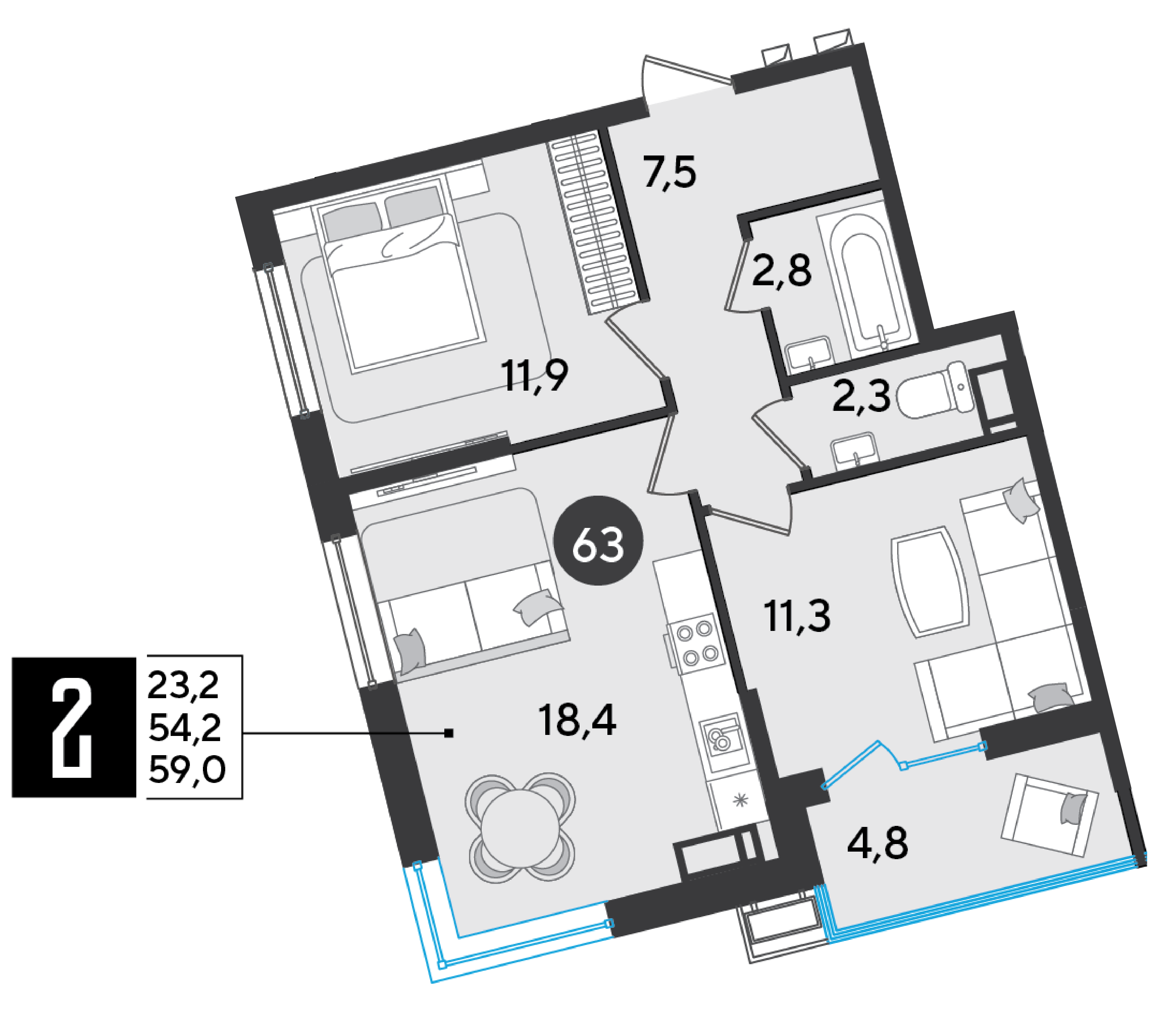 Планировка: 2-комн. квартира 59 м²