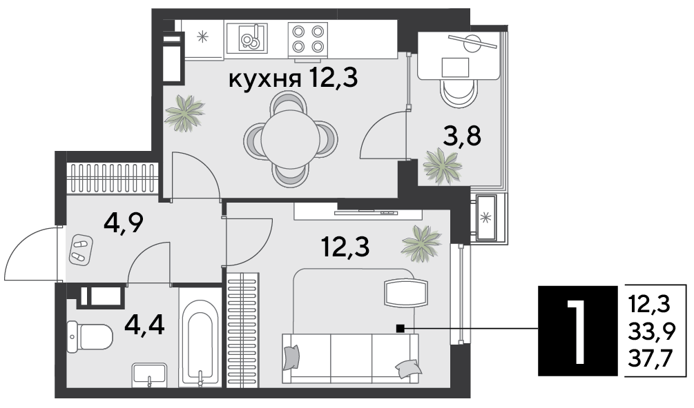 Планировка: 1-комн. квартира 37,7 м²