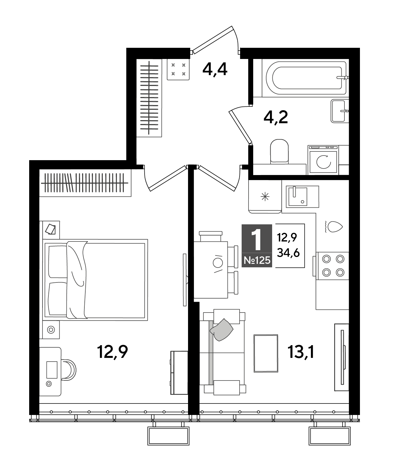 Планировка: 1-комн. квартира 34,6 м²