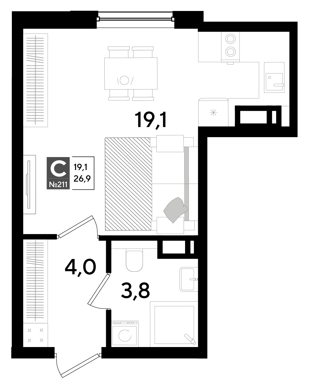 Планировка: Студия 26,9 м²