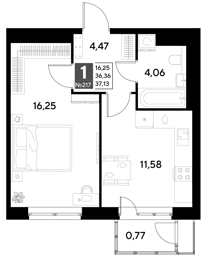 Планировка 1-комнатная 37,13 м²