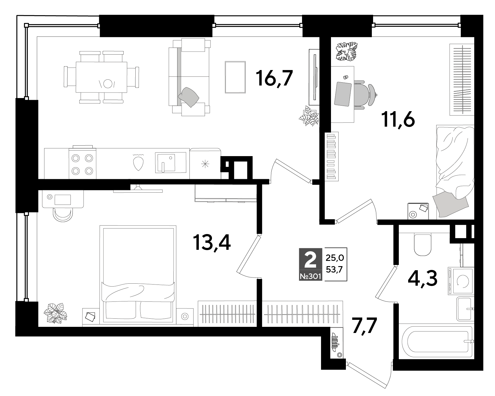 Планировка 2-комнатная 53,7 м²