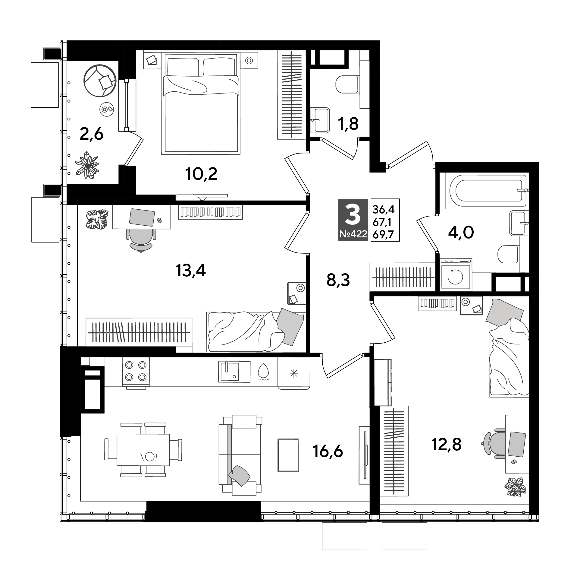 Планировка: 3-комн. квартира 69,7 м²