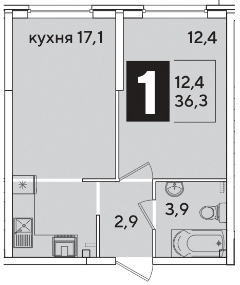 Планировка: 1-комн. квартира 36,3 м²