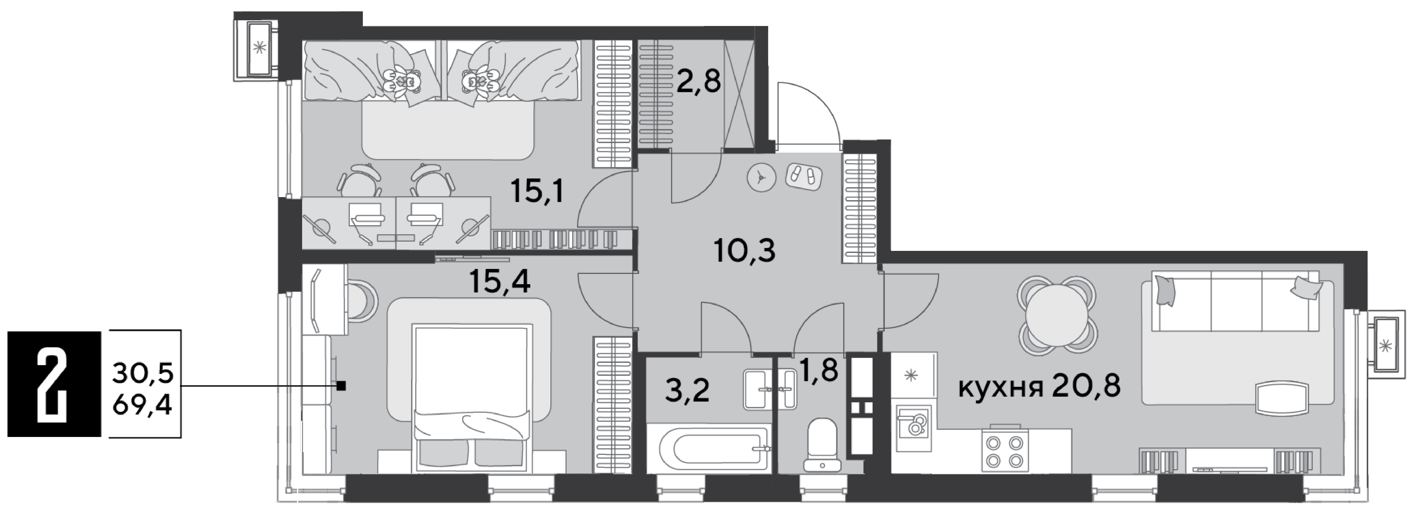 Планировка: 2-комн. квартира 69,4 м²