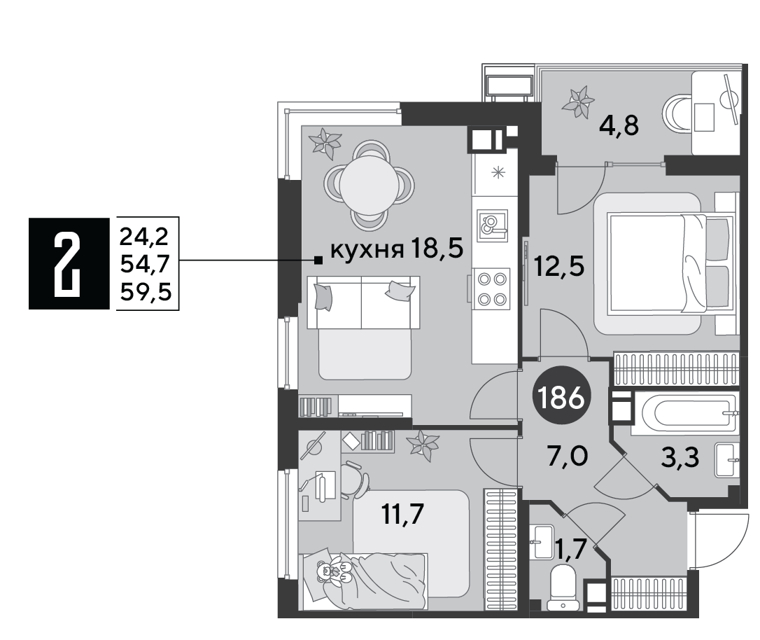 Планировка: 2-комн. квартира 59,5 м²