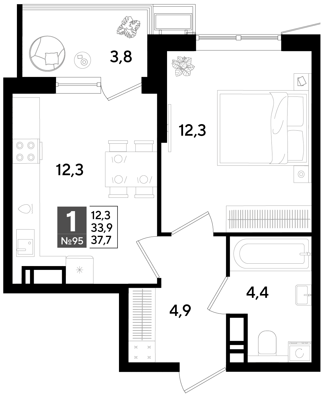 Планировка: 1-комн. квартира 37,7 м²