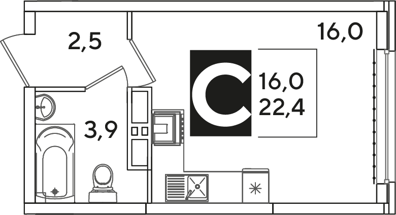 Планировка: Студия 22,4 м²