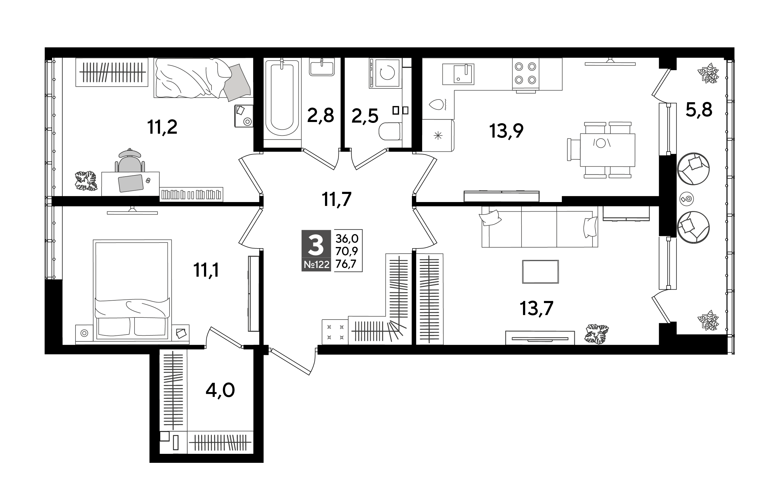 Планировка 3-комнатная 76,7 м²