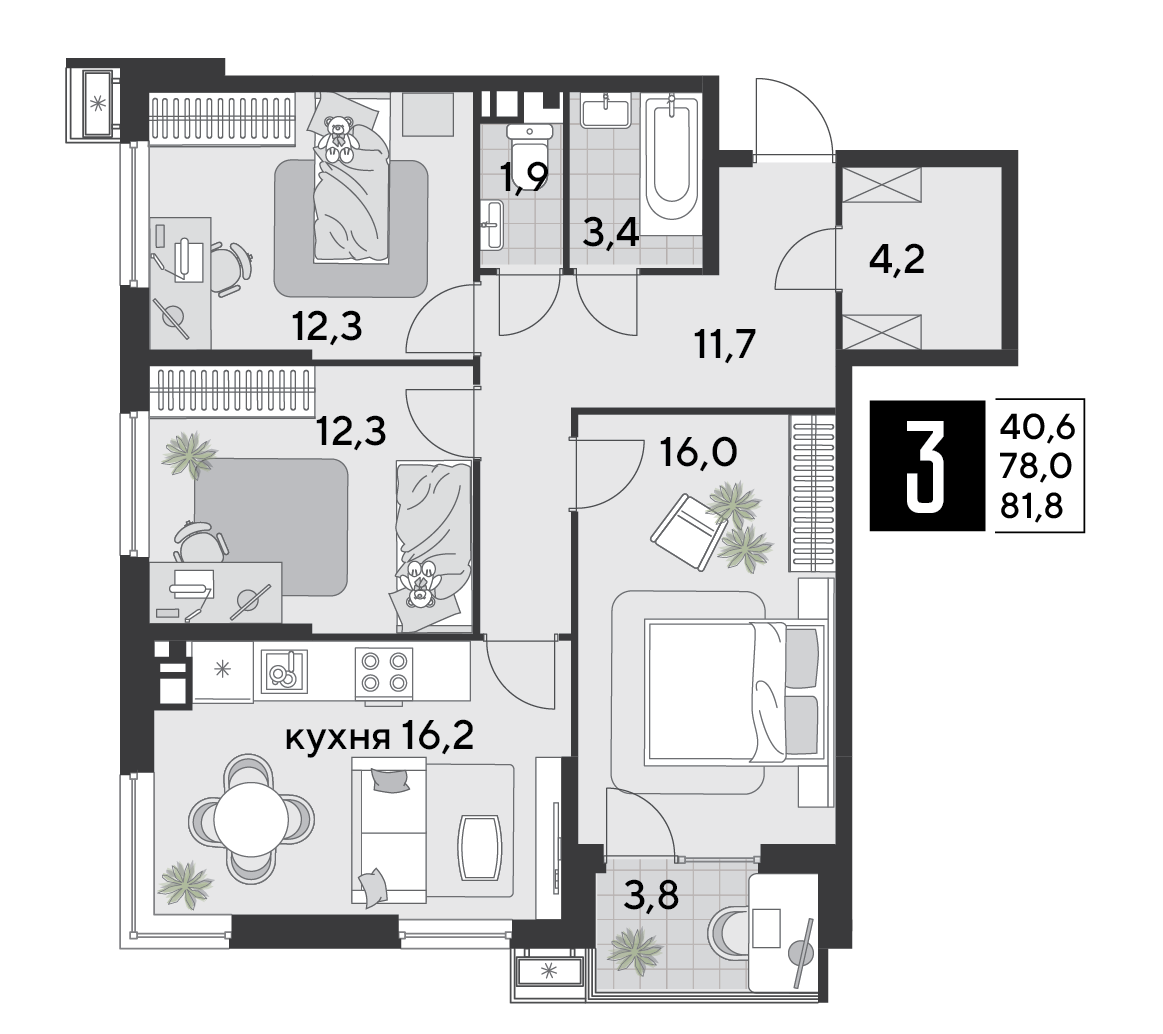 Планировка: 3-комн. квартира 81,8 м²