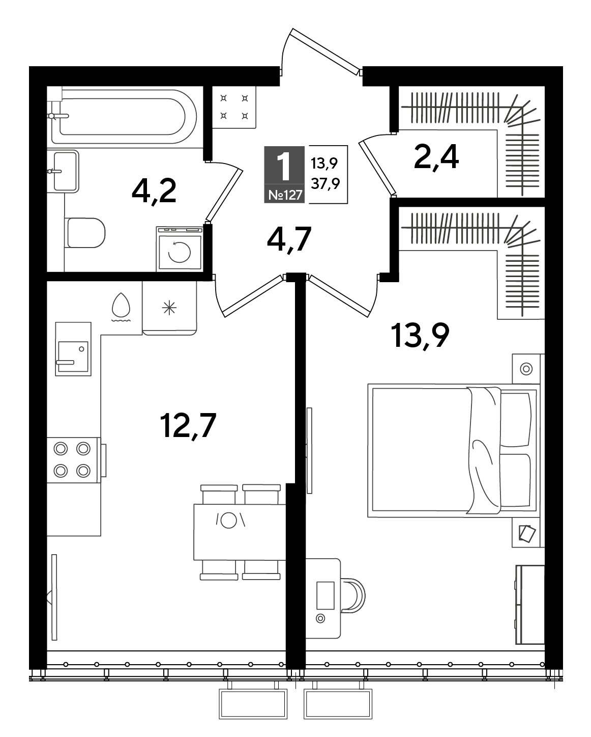 Планировка: 1-комн. квартира 37,9 м²