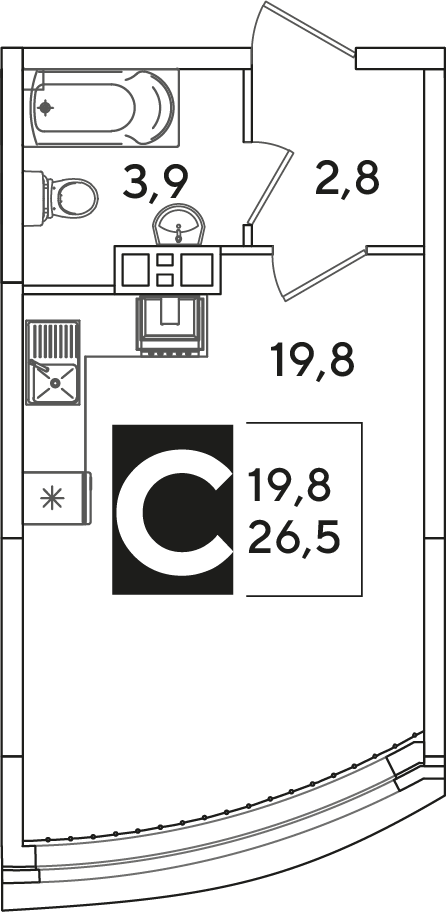 Планировка: Студия 26,9 м²