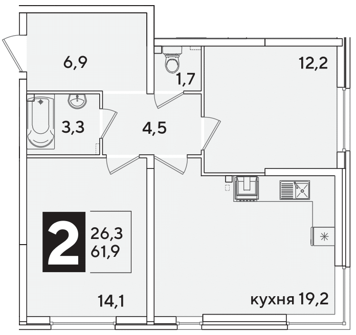 Планировка: 2-комн. квартира 61,9 м²