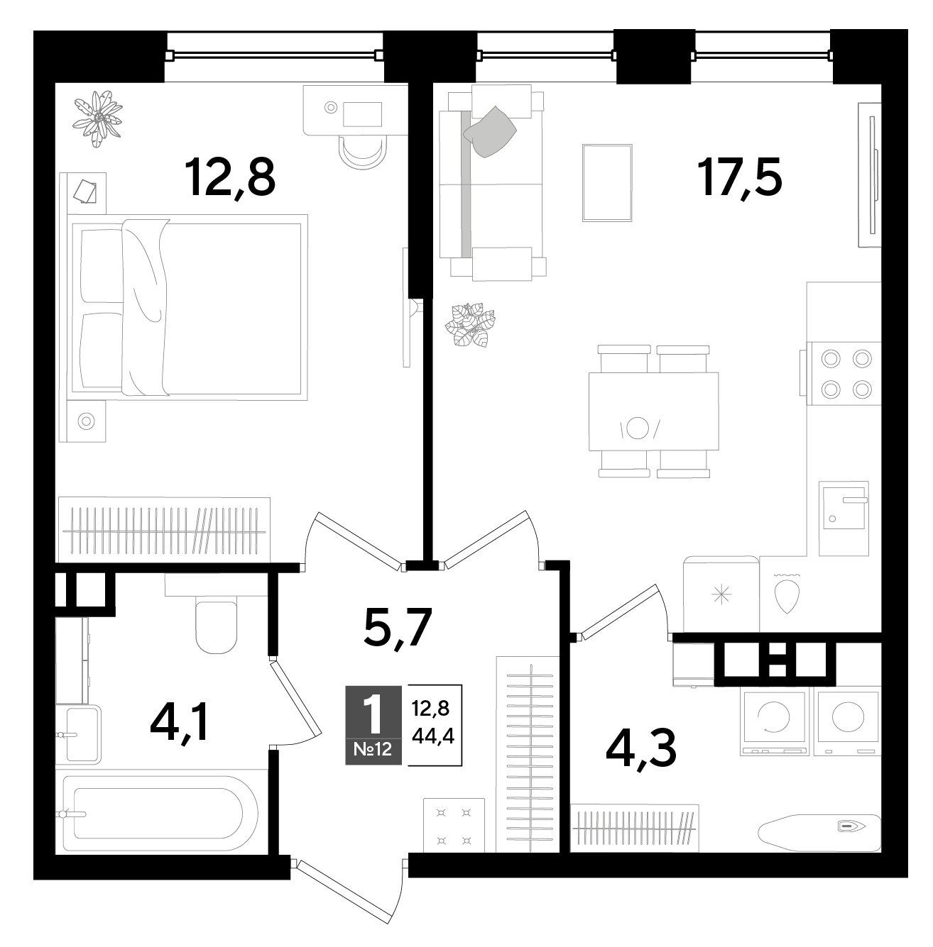 Планировка 1-комнатная 44,4 м²