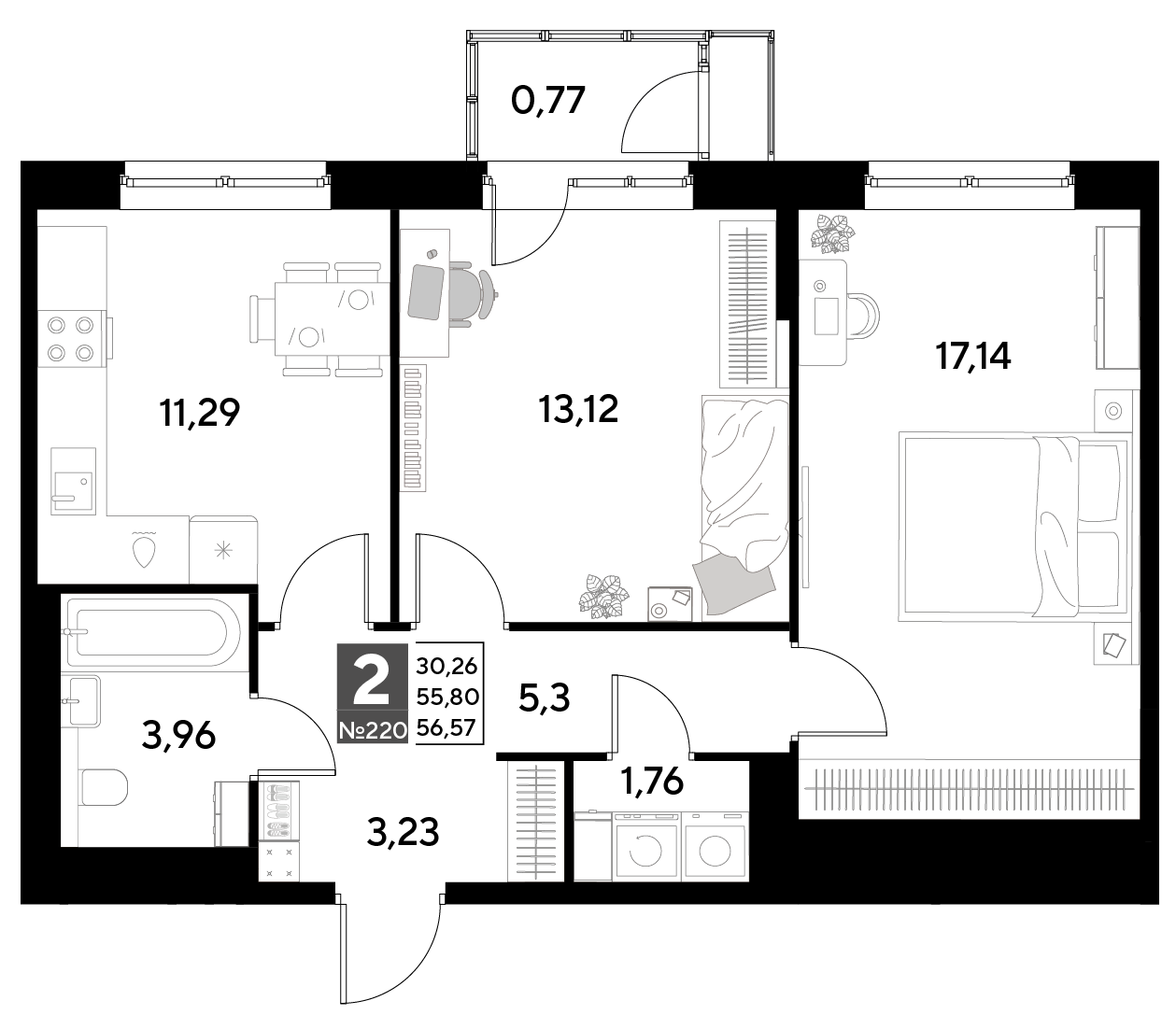 Планировка 2-комнатная 56,57 м²
