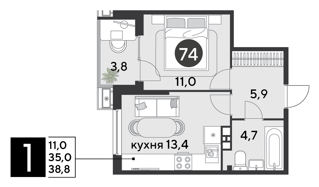 Планировка: 1-комн. квартира 38,8 м²