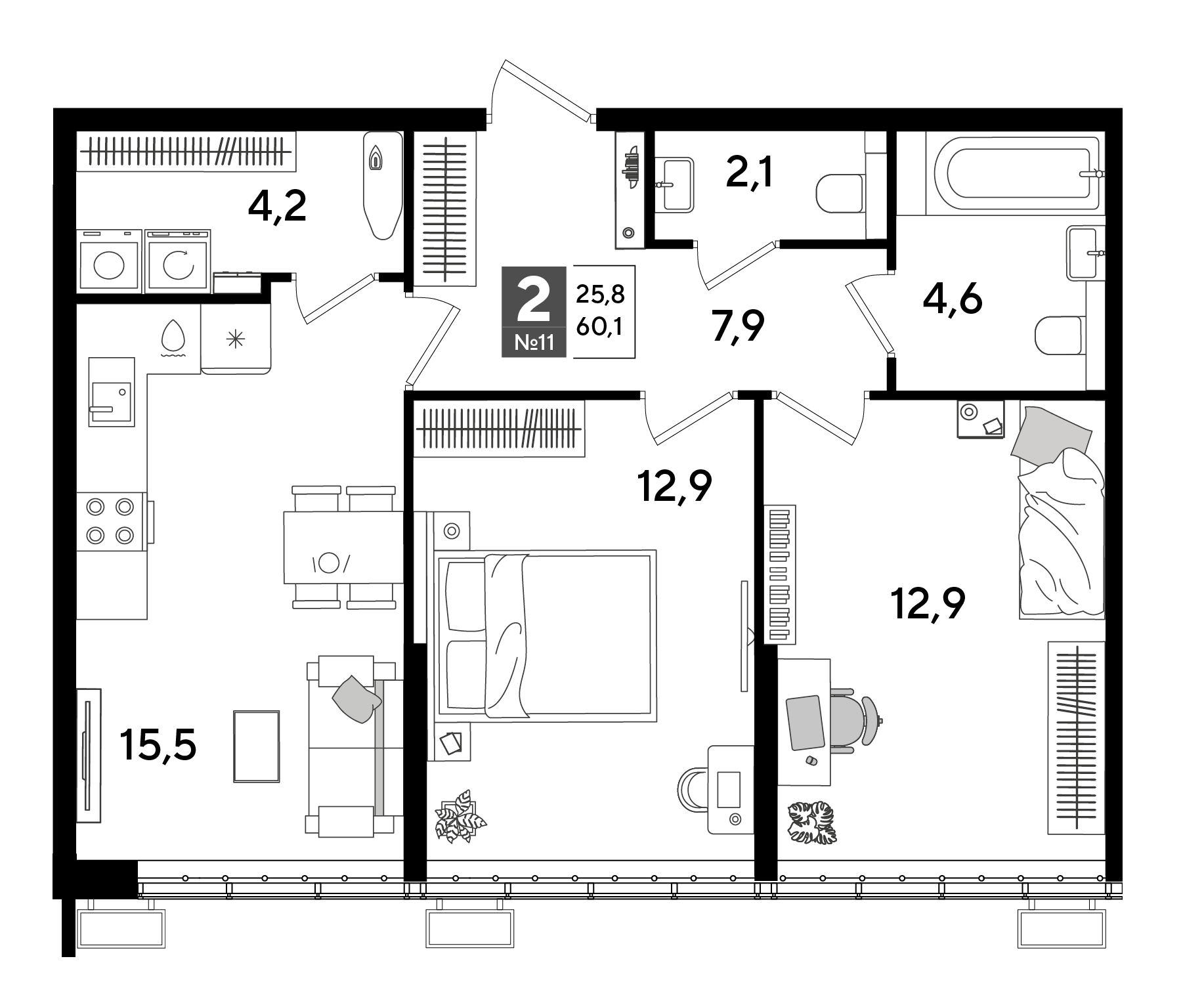 Планировка: 2-комн. квартира 60,1 м²