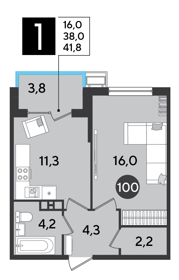 Планировка: 1-комн. квартира 41,8 м²